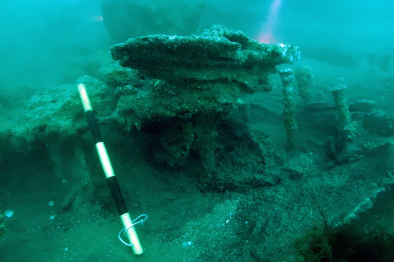 A section of the shipwreck showing metal bolts, after which the wreck was named. 