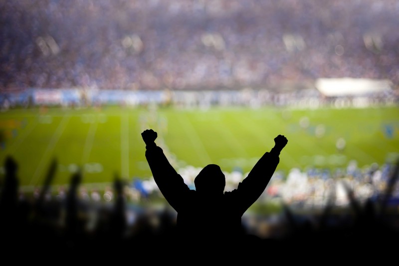 A football fan in silhouette cheering from the stands